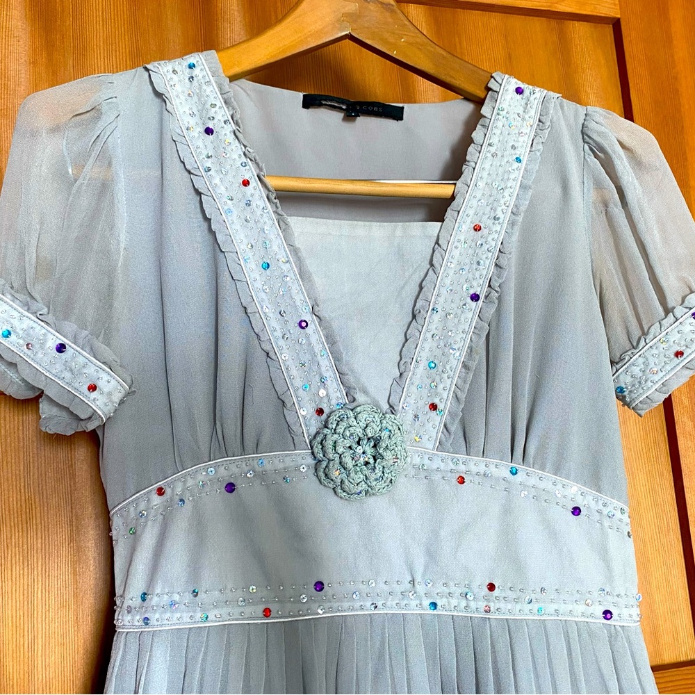 Grey dress. Sparkly accents. Bought on consignment; worn prior to my purchasing.